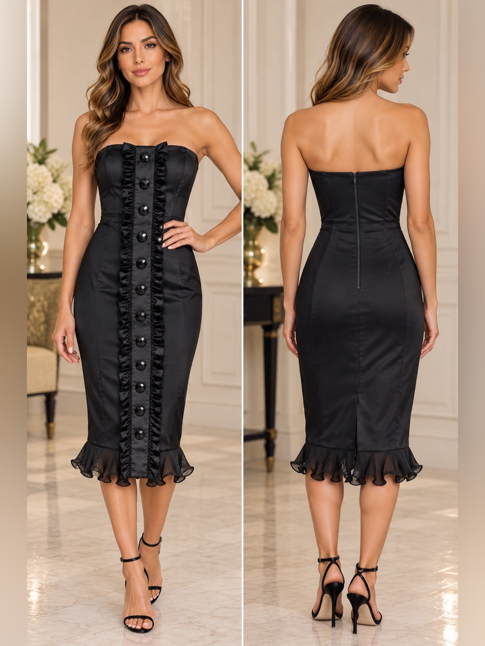 Vintage Arden B Black Satin Strapless Ruffle Button Midi Dress NWOT M